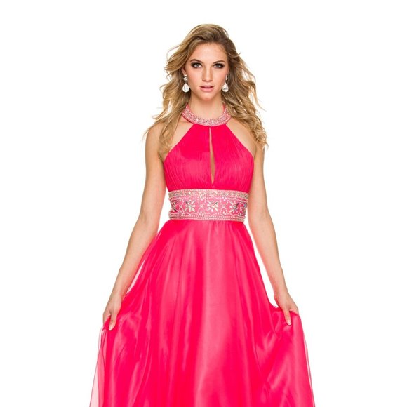 NEW SLEEVELESS DRESS WITH HALTER NECKLINE EMBROIDERED WITH RHINESTONES NX 8160 - Picture 1 of 8